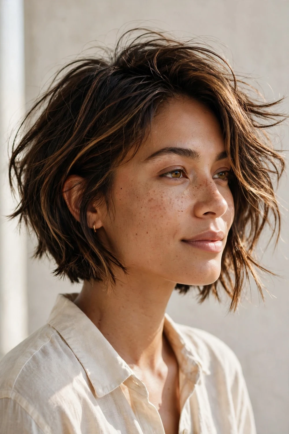 Choppy angled bob with textured ends and piecey forward slope
