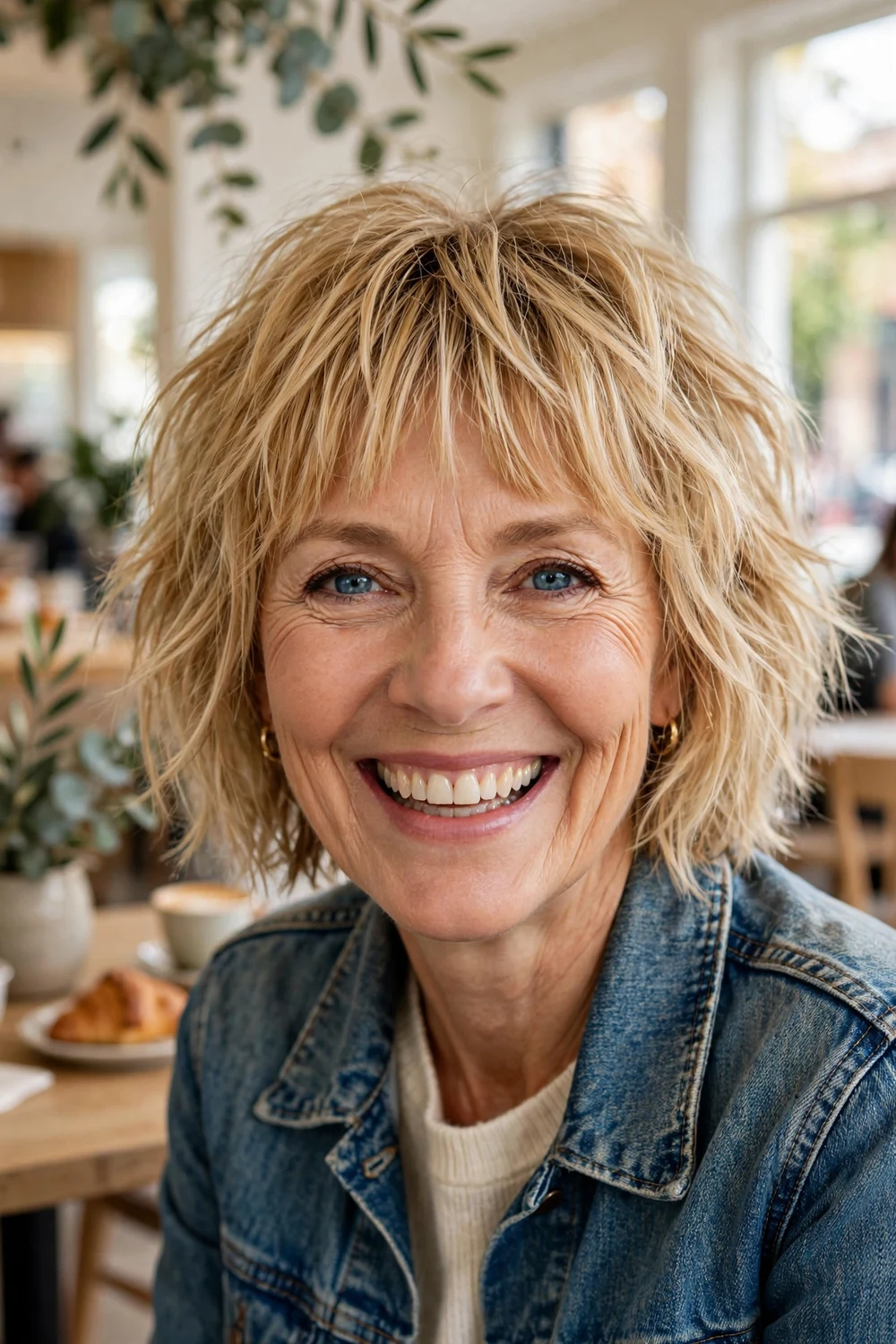 Caucasian woman in her late 50s with blonde choppy bangs and a textured bob
