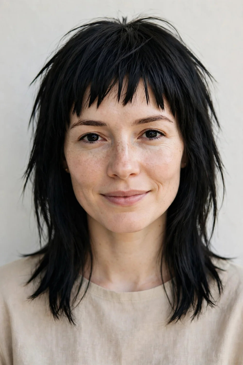 Woman with short choppy bangs with jagged ends