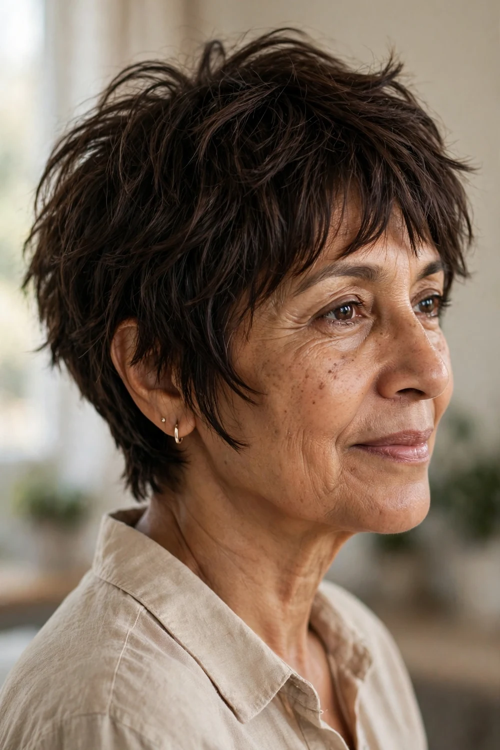 59-year-old South Asian woman with dark chocolate brown choppy bixie, side view
