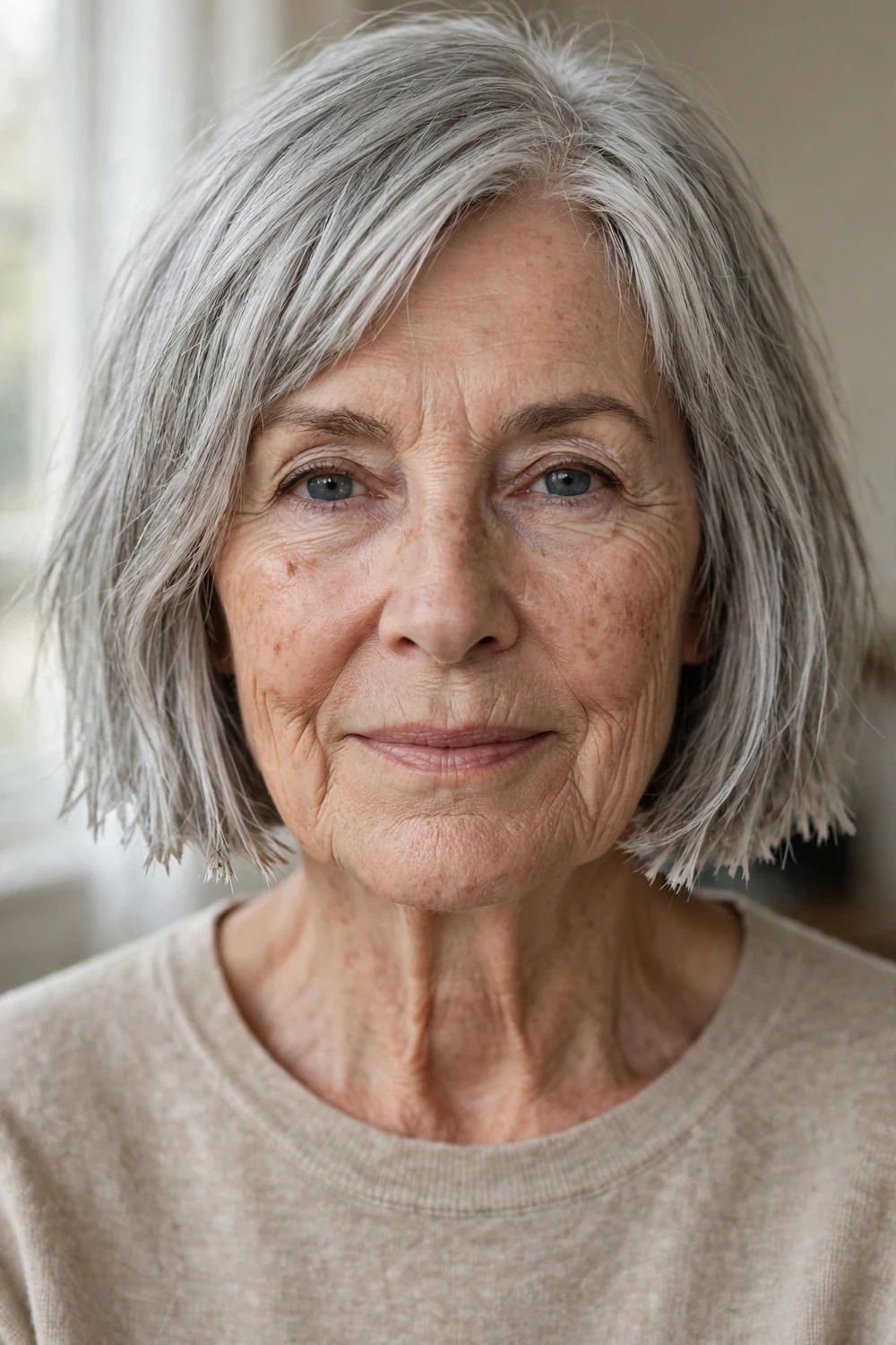63-year-old Caucasian woman with silver choppy blunt bob with textured ends, front view