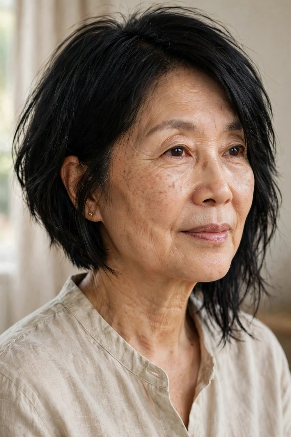 60-year-old East Asian woman with black asymmetrical choppy bob, three-quarter view