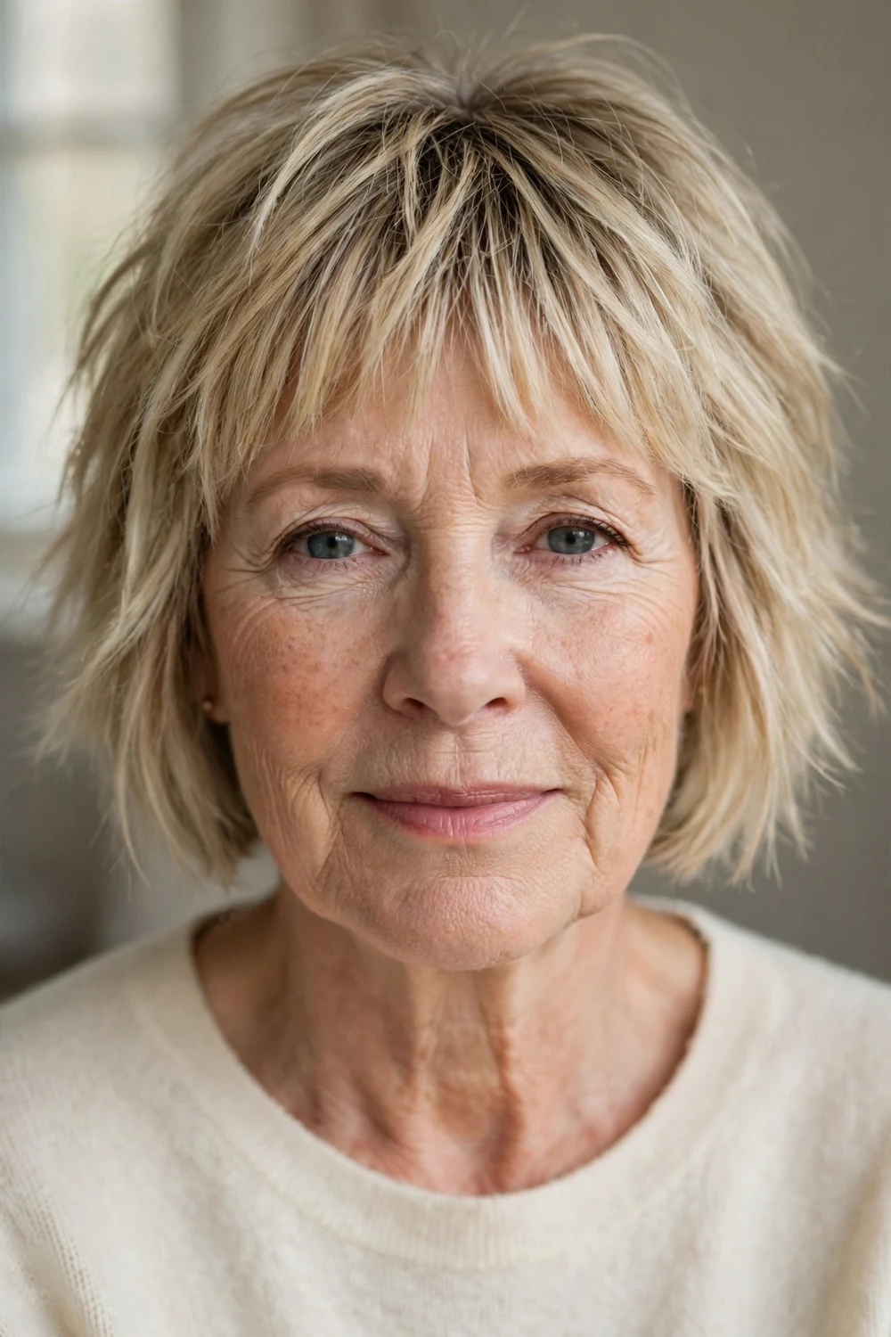 60-year-old Caucasian woman with blonde choppy bob and choppy bangs, front view
