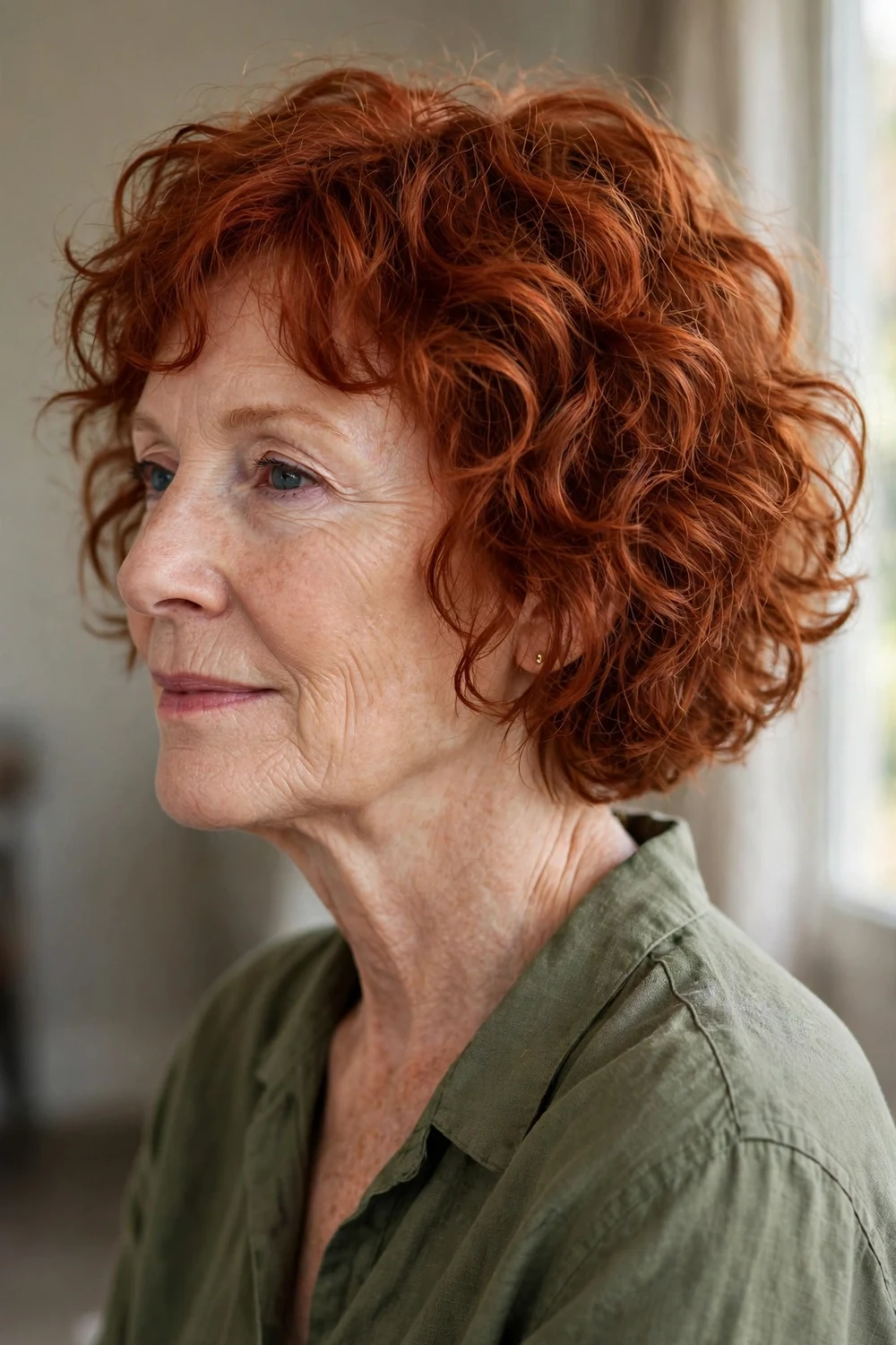 58-year-old Caucasian woman with red choppy curly bob, side view