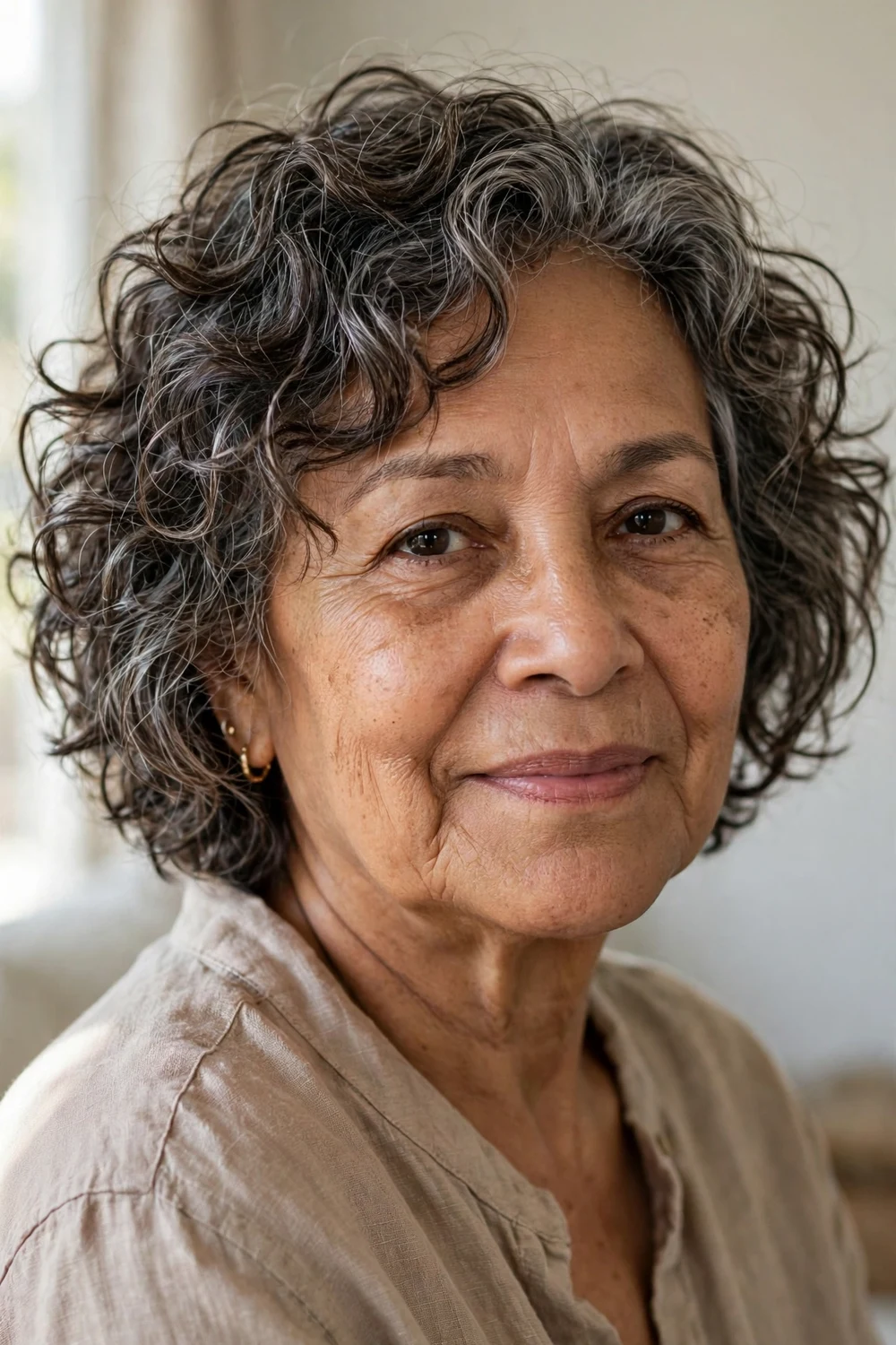 64-year-old Latina woman with salt-and-pepper choppy curly bob, three-quarter view