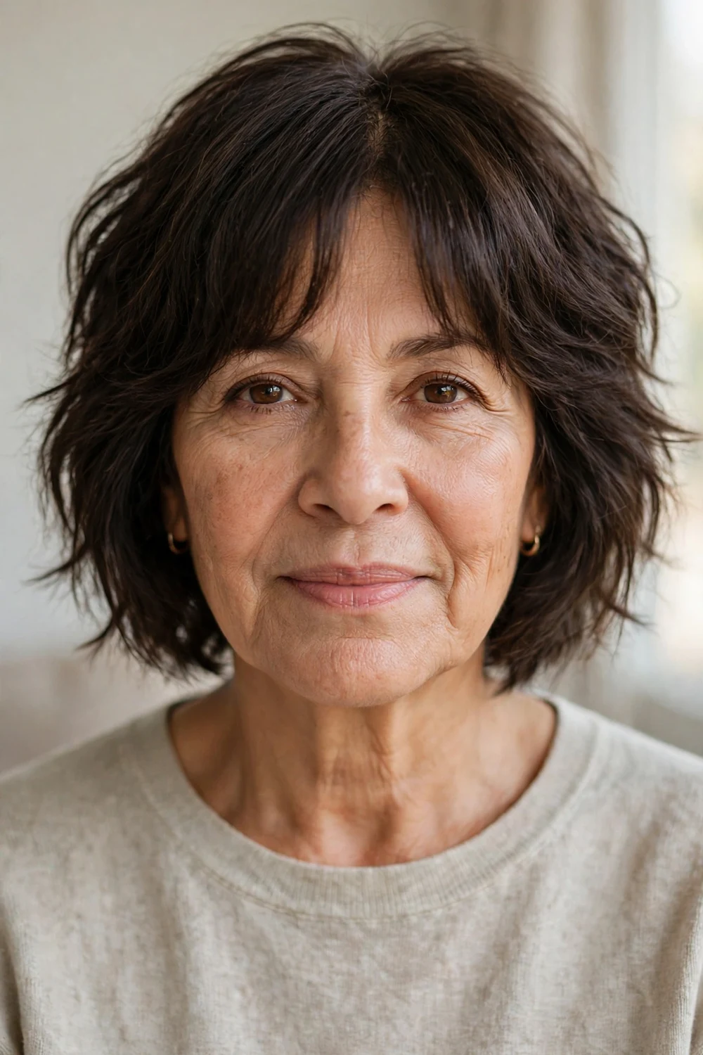 59-year-old Latina woman with dark brown choppy bob and curtain bangs, front view