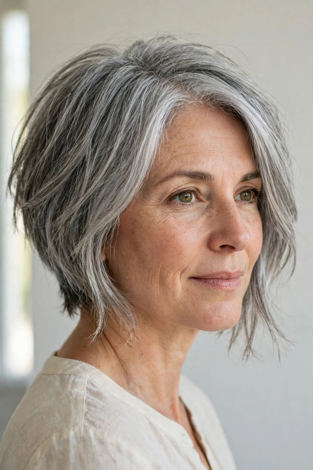 Woman with an angled choppy bob, longer in front, for fine hair