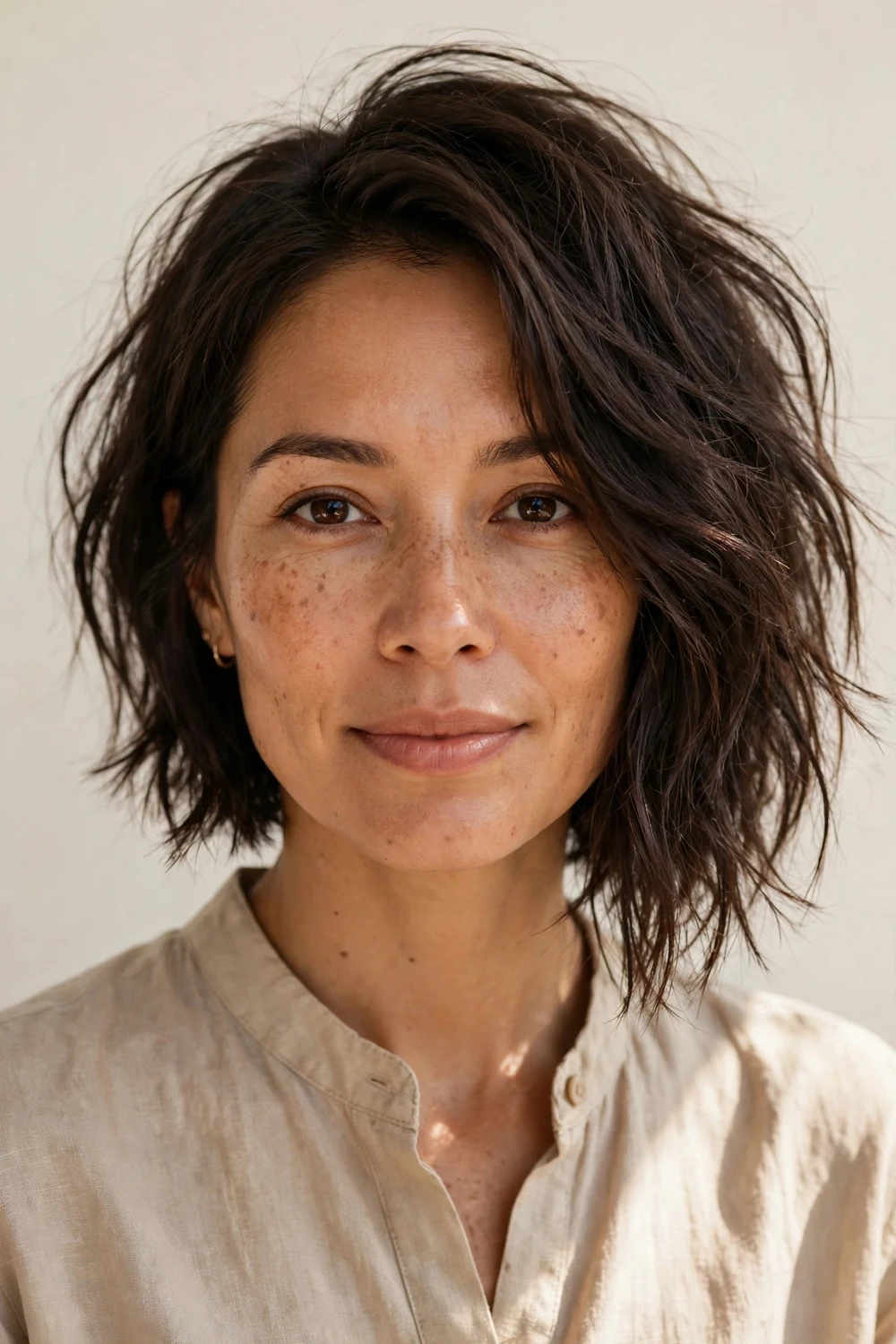 Woman with an asymmetrical choppy bob, one side longer, for fine hair