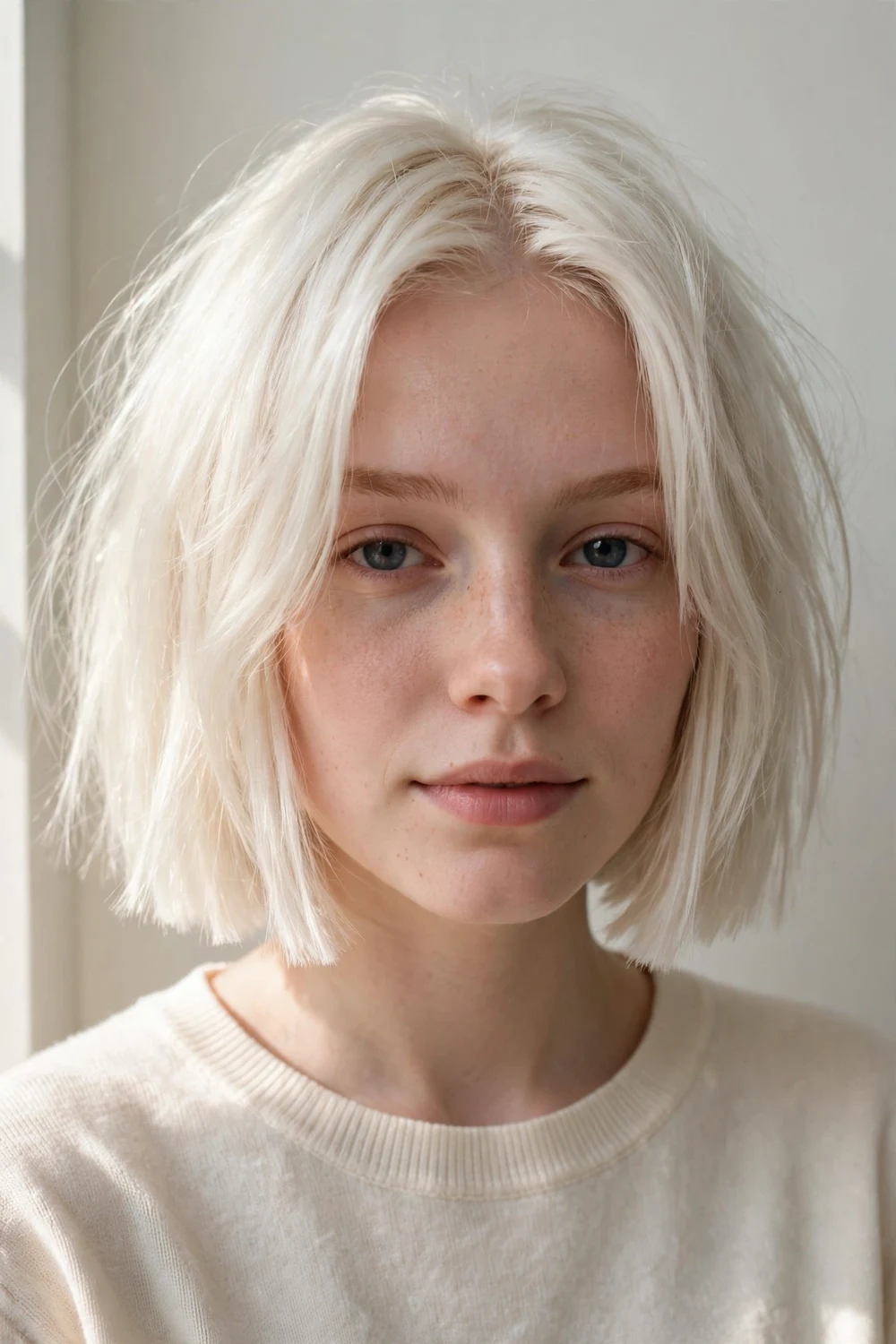 Woman with a blunt choppy bob with solid ends and textured layers for fine hair