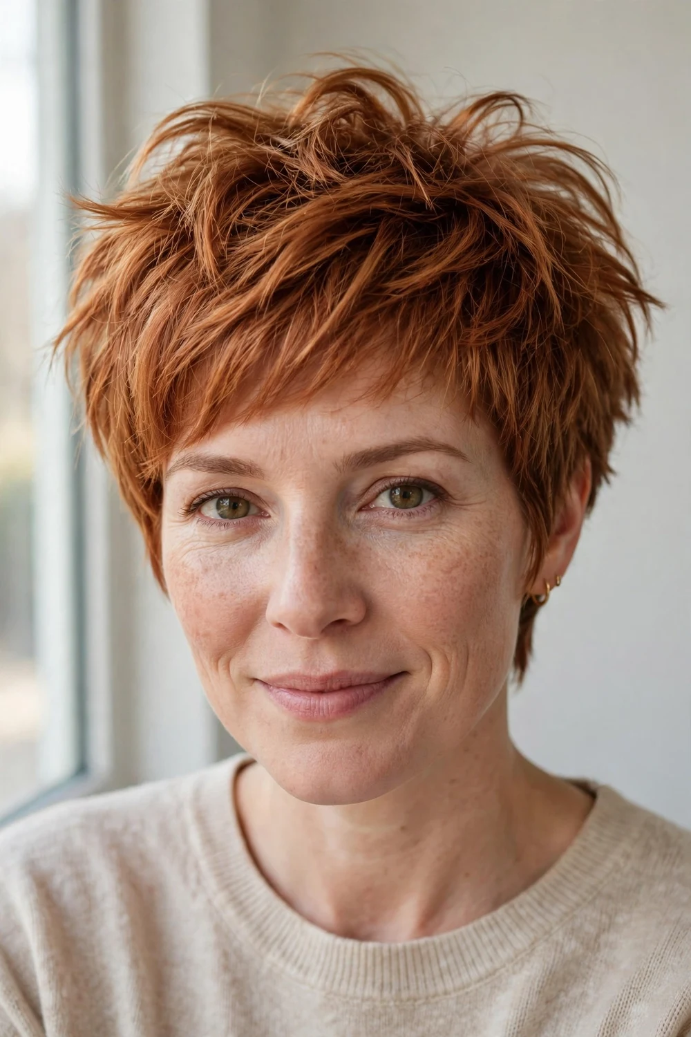 Woman with a choppy bixie haircut, a short pixie-bob hybrid, for fine hair