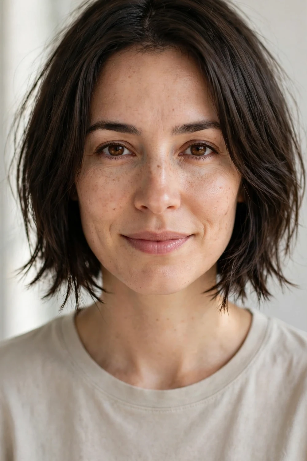 Woman with a classic jaw-length choppy bob haircut for fine hair
