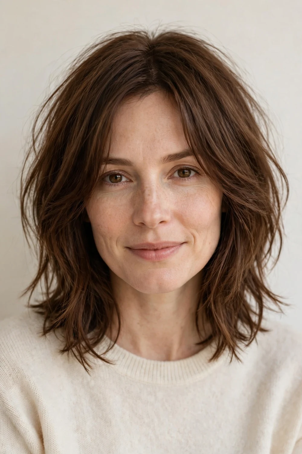 Woman with a collarbone-length choppy lob with face-framing layers for fine hair