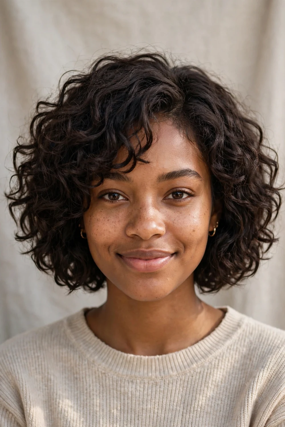 Woman with a curly choppy bob with defined layers for fine hair