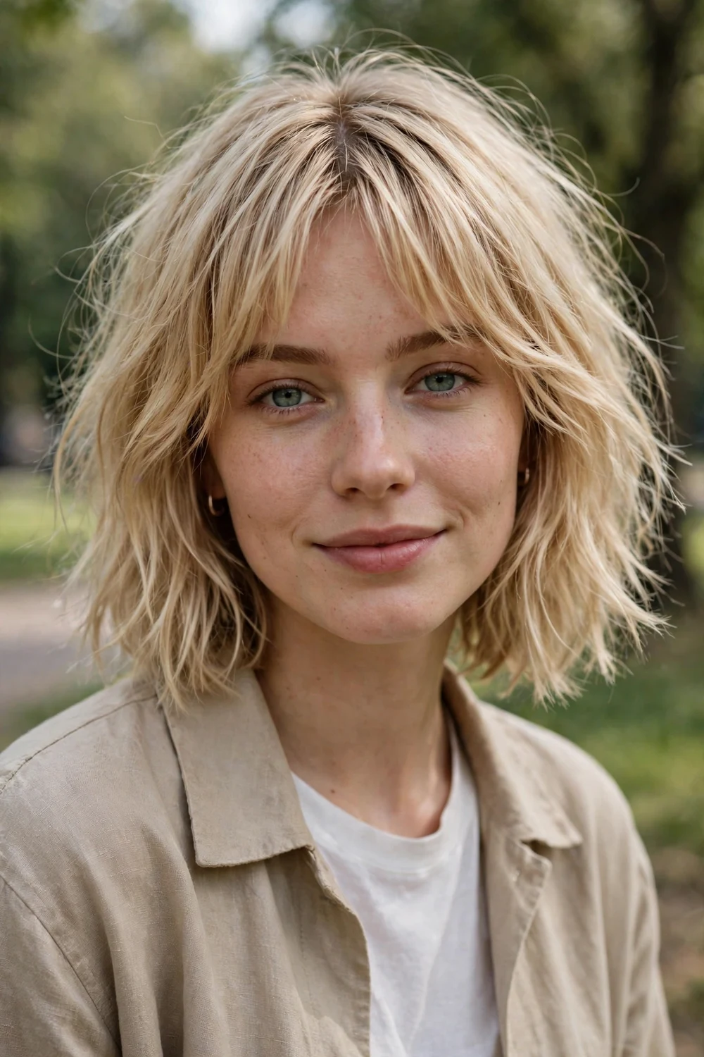 Woman with a choppy bob and parted curtain bangs for fine hair