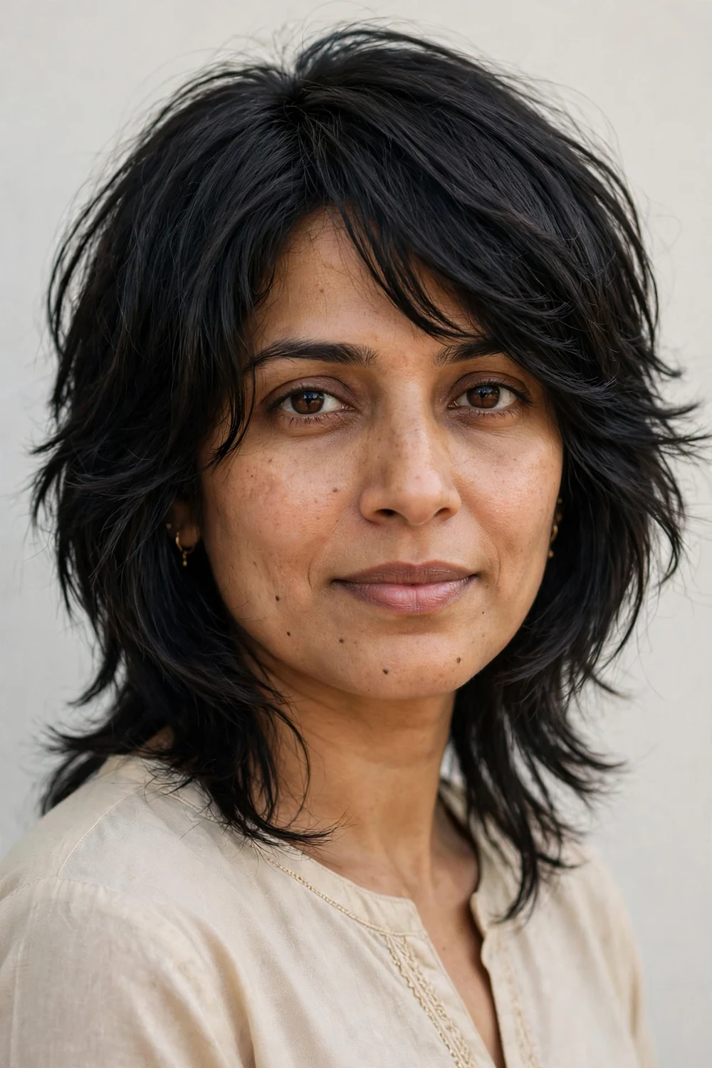 Woman with a choppy bob with face-framing layers for fine hair
