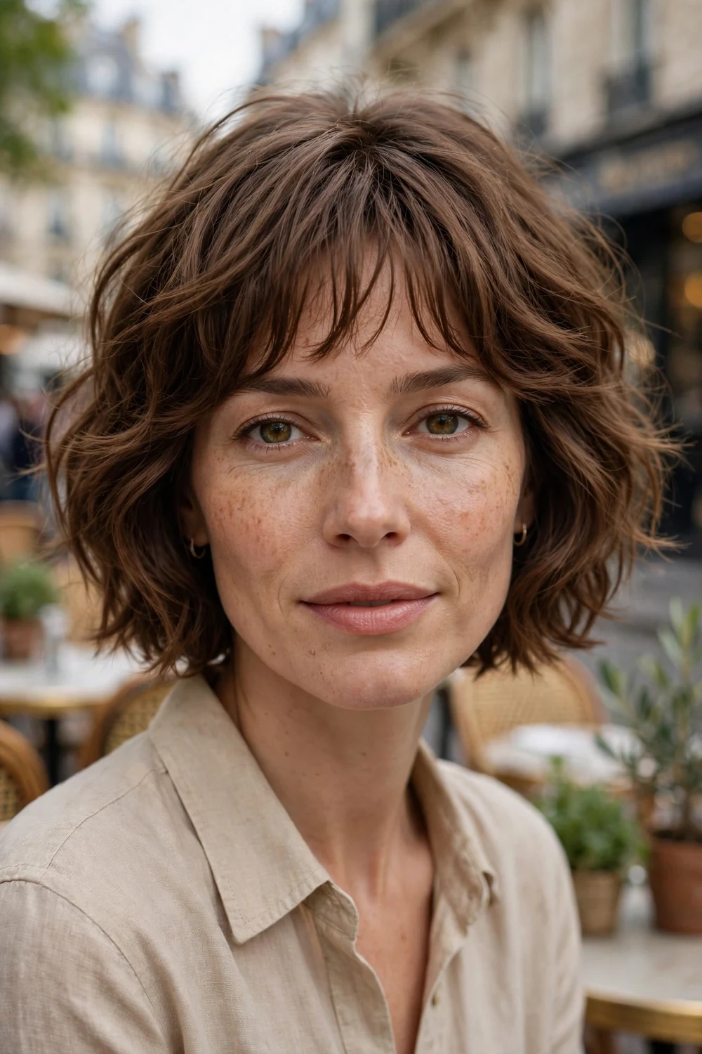 Woman with a French-inspired textured choppy bob with vintage bangs for fine hair