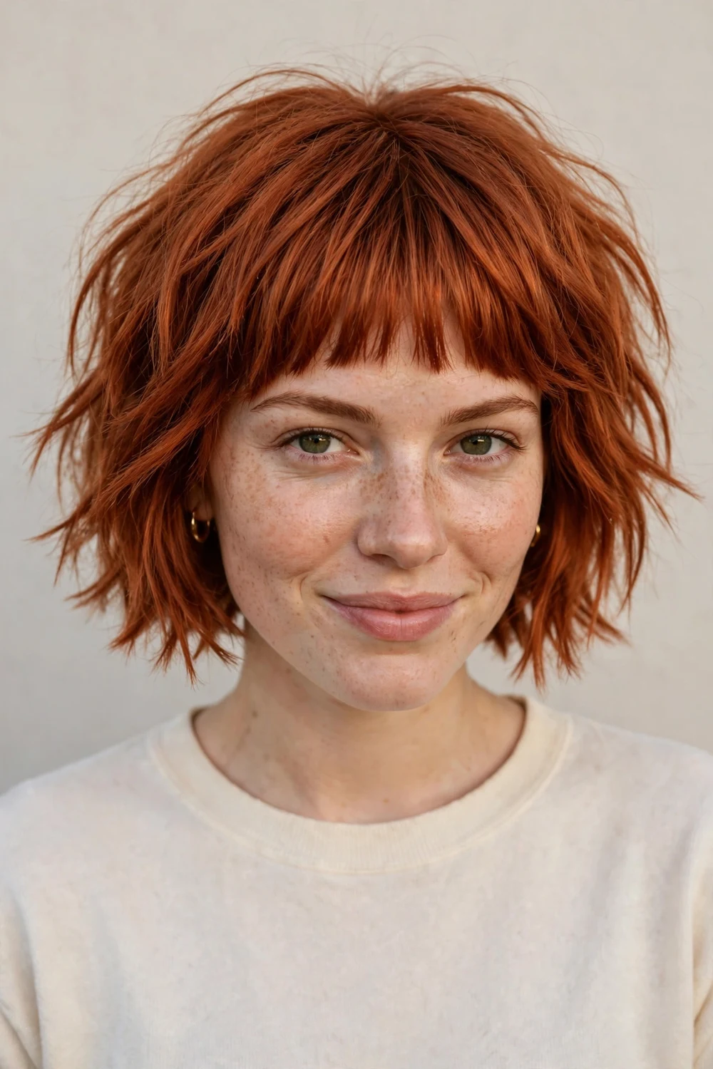 Woman with a choppy bob and full straight fringe for fine hair