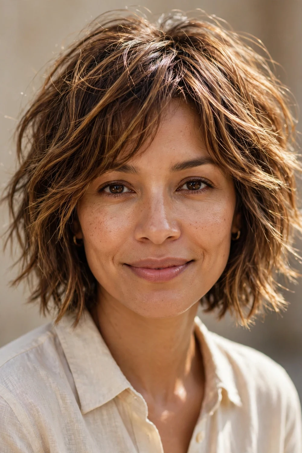 Woman with a choppy bob with caramel dimensional highlights for fine hair