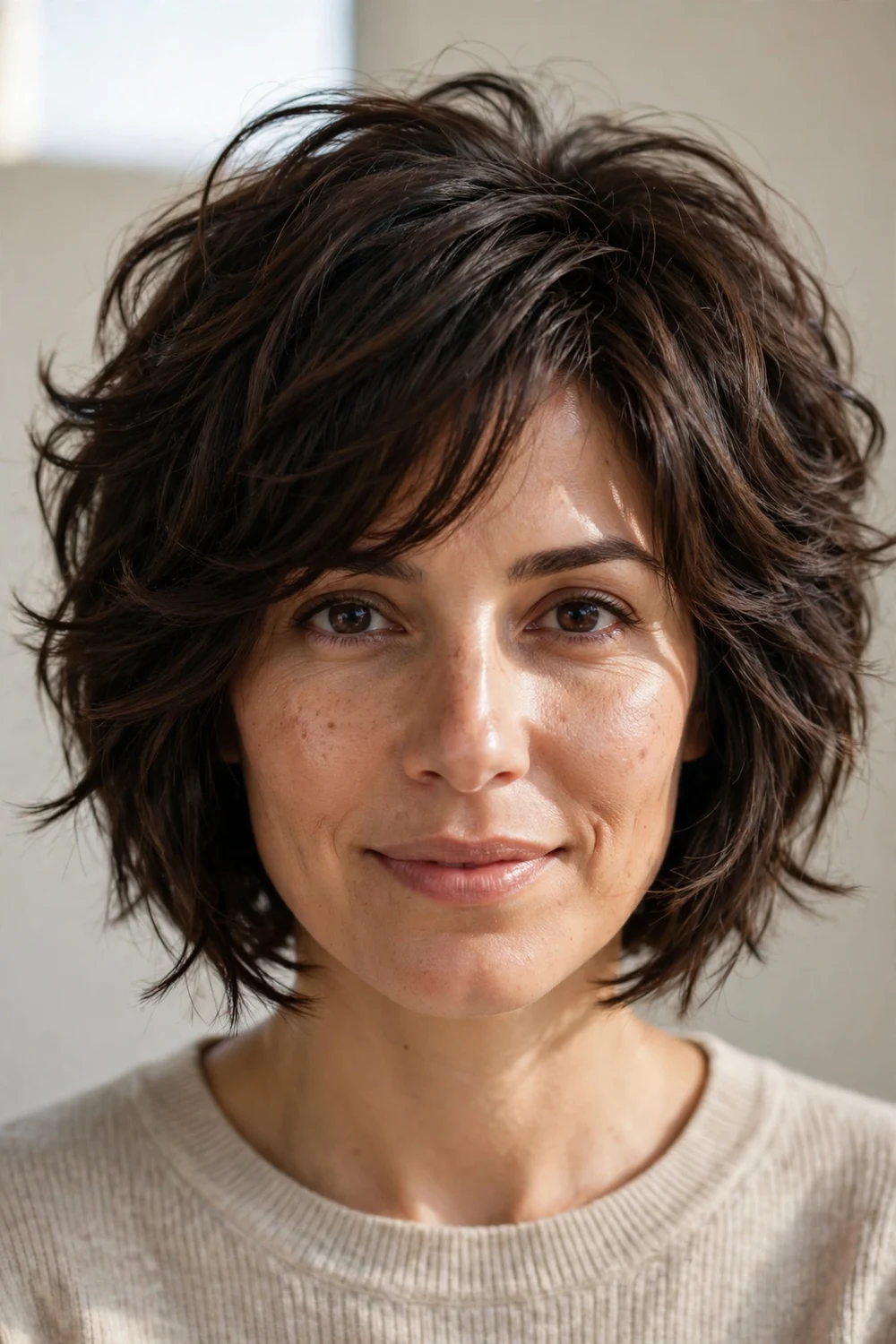 Woman with a layered choppy bob with voluminous layers for fine hair