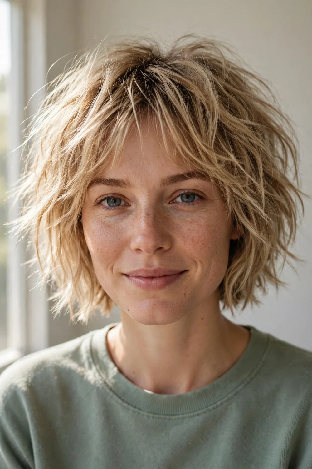 Woman with a messy tousled choppy bob with piecey texture for fine hair