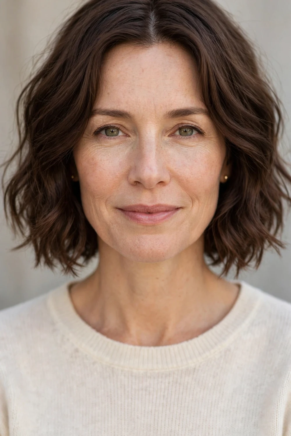 Woman with a middle-part wavy choppy bob for fine hair