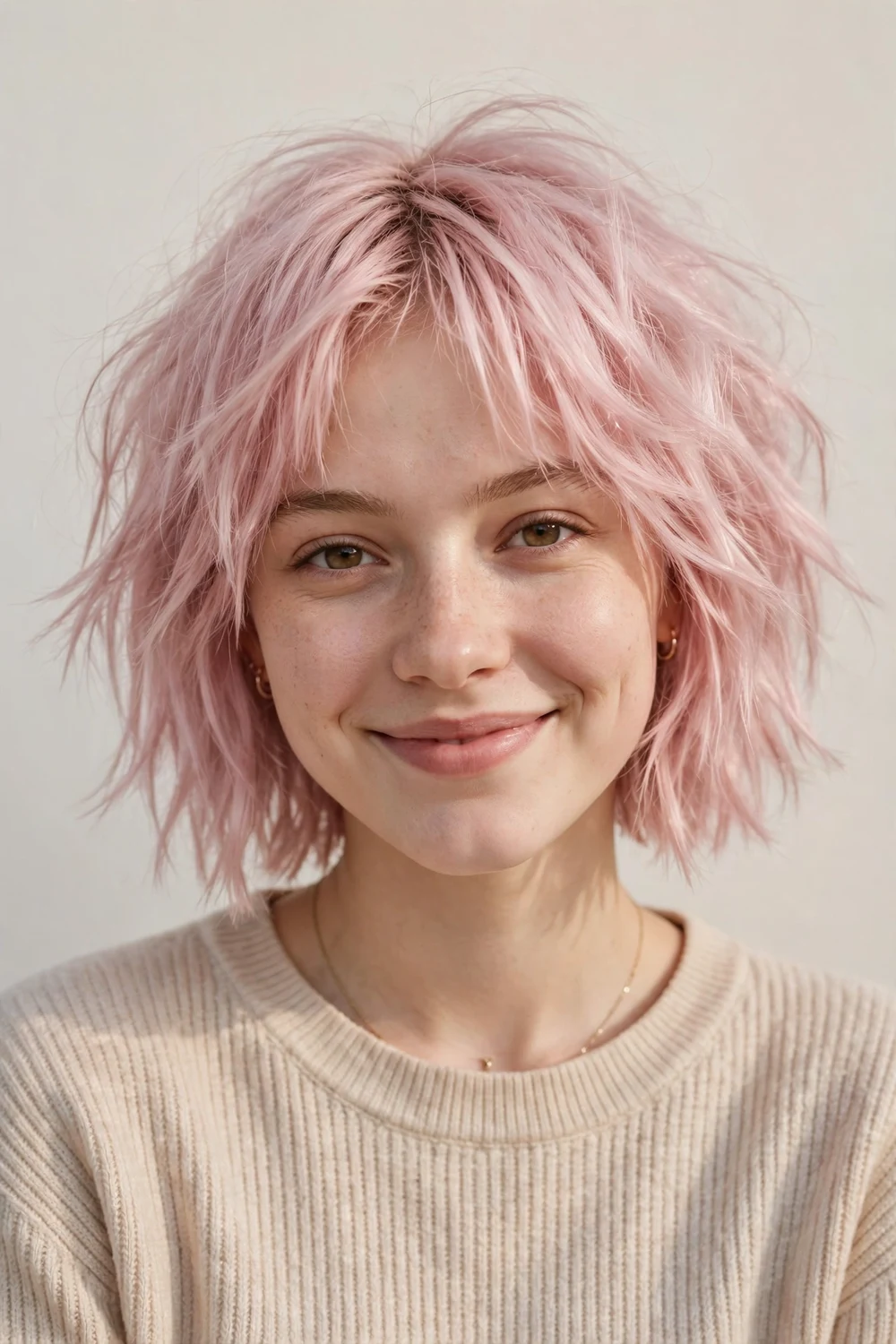 Woman with a pastel pink choppy bob with tousled texture for fine hair