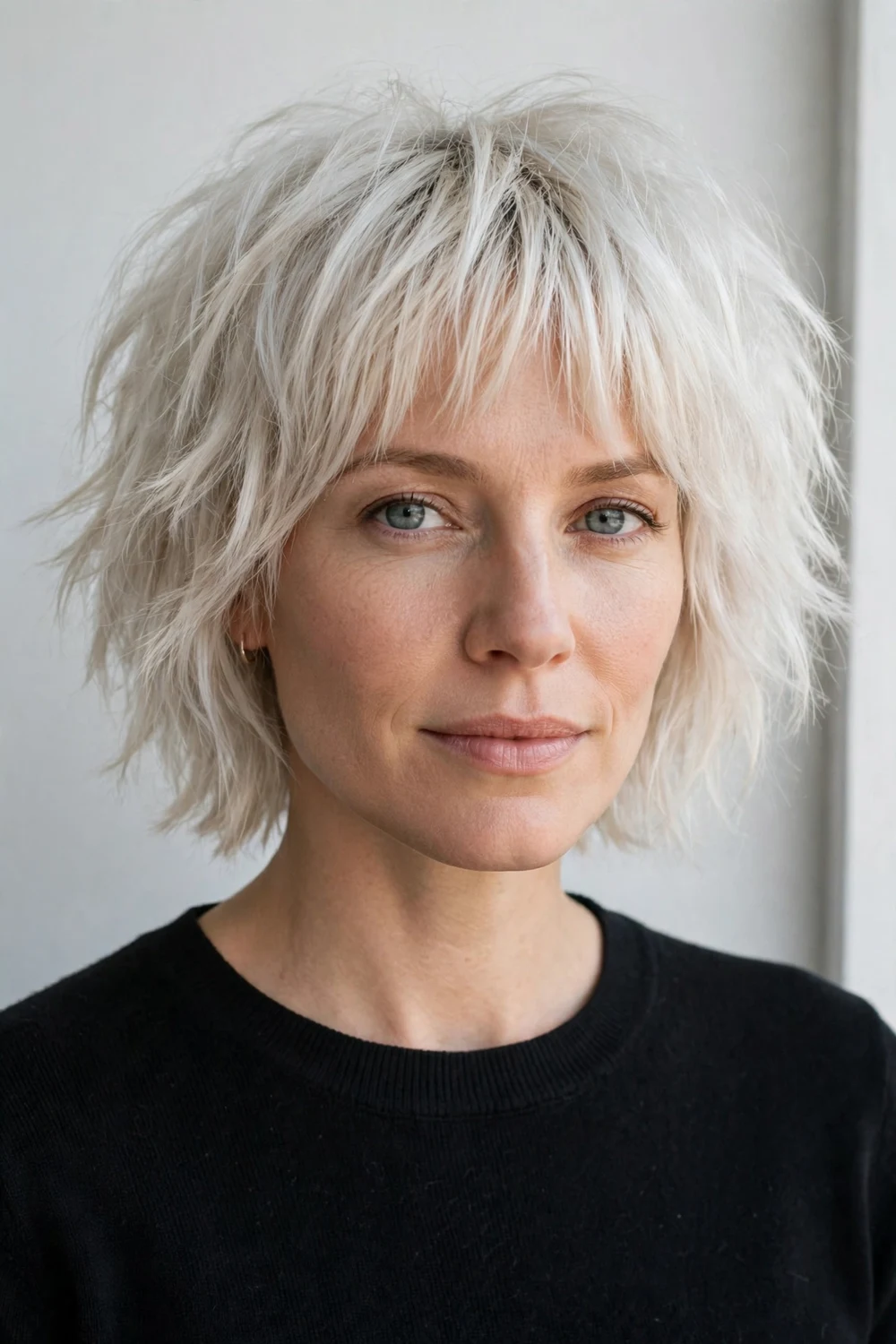 Woman with a platinum blonde shaggy choppy bob with fringe for fine hair