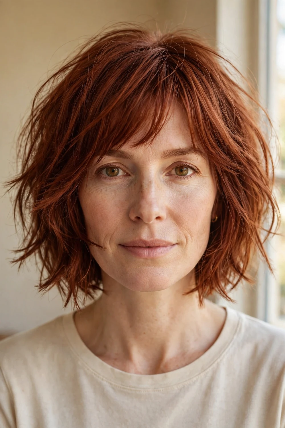 Woman with a razor-cut choppy bob with feathered ends for fine hair