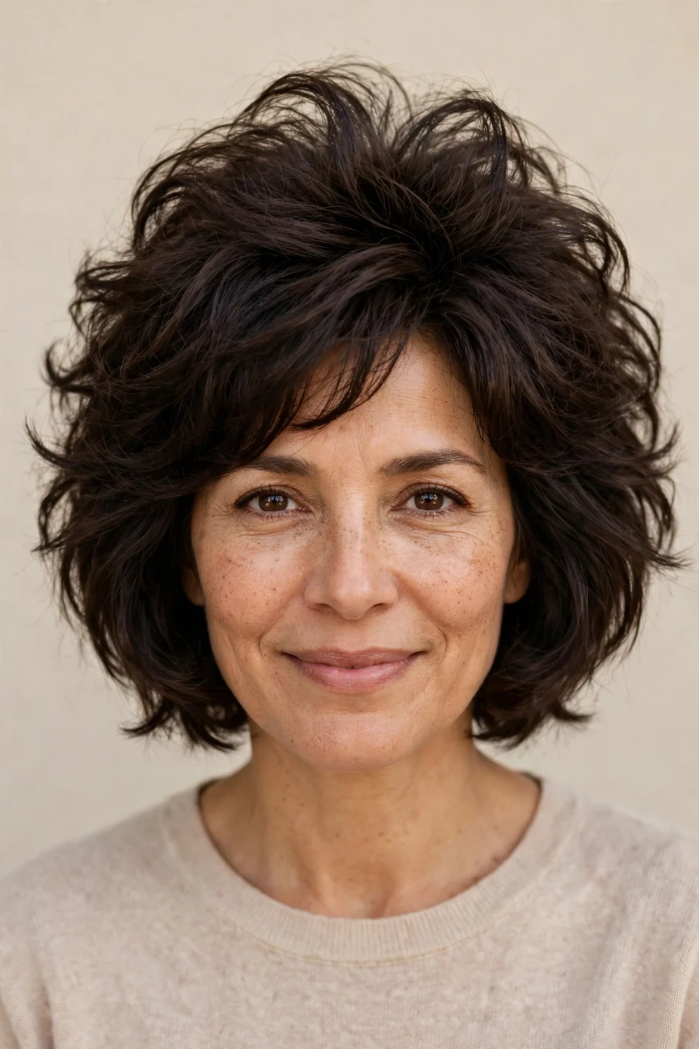 Woman with a choppy bob styled for maximum root volume on fine hair