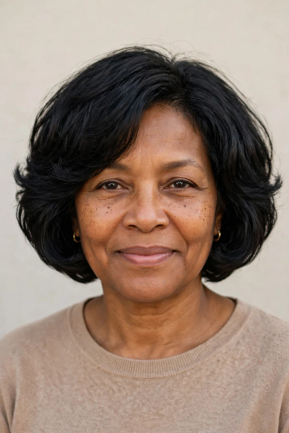 Woman with a rounded choppy bob curving under at the chin for fine hair