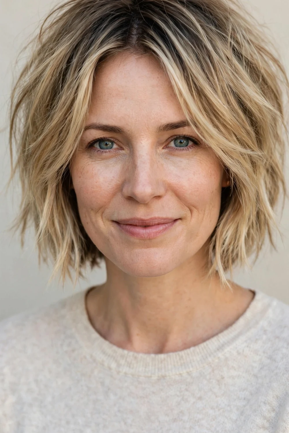 Woman with a choppy bob with a dark shadow root melting into blonde for fine hair