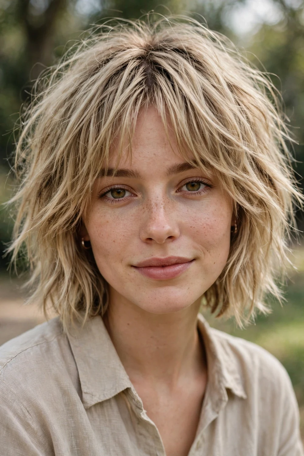 Woman with a shaggy choppy bob with curtain bangs for fine hair