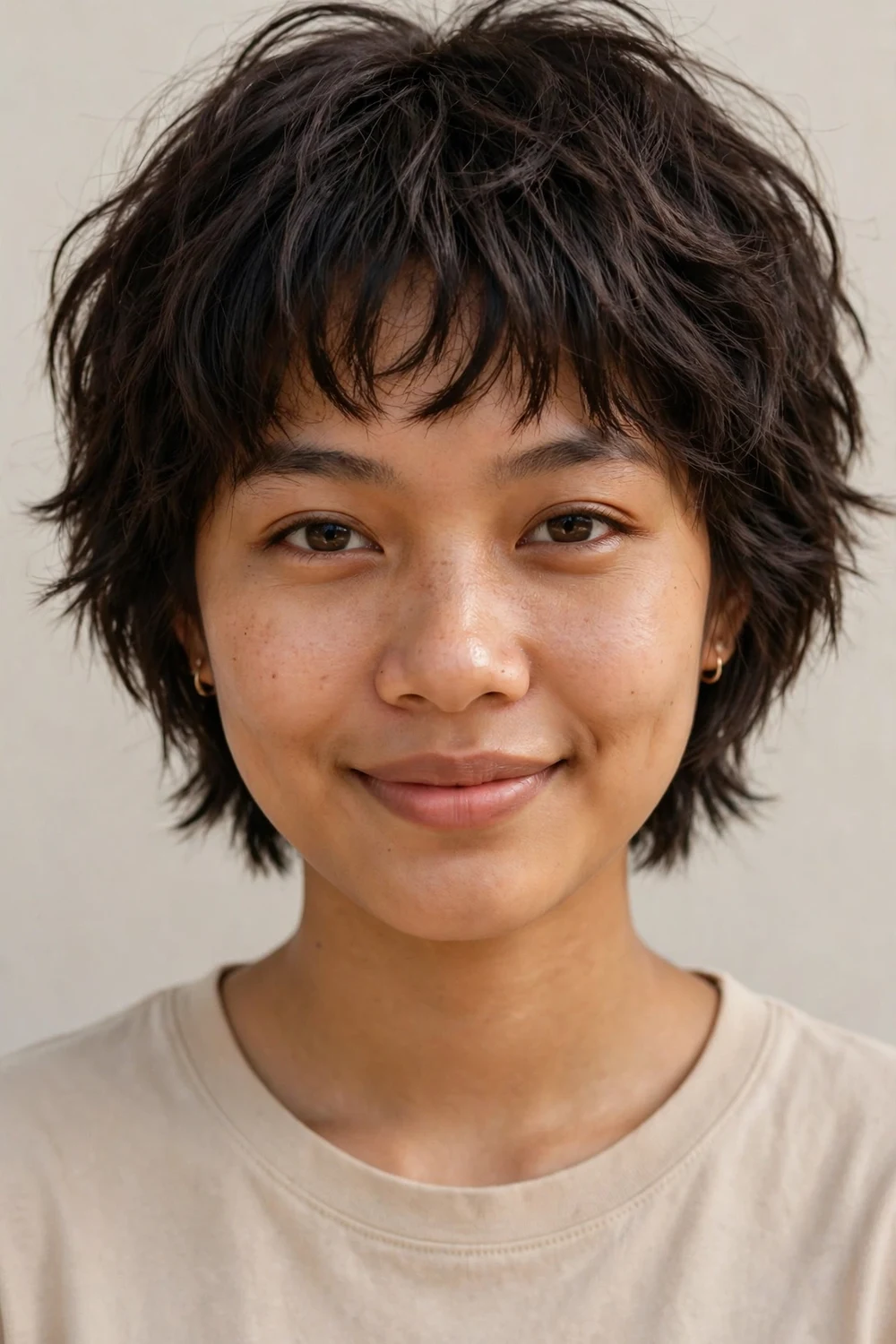 Woman with a short textured choppy bob with bangs for fine hair