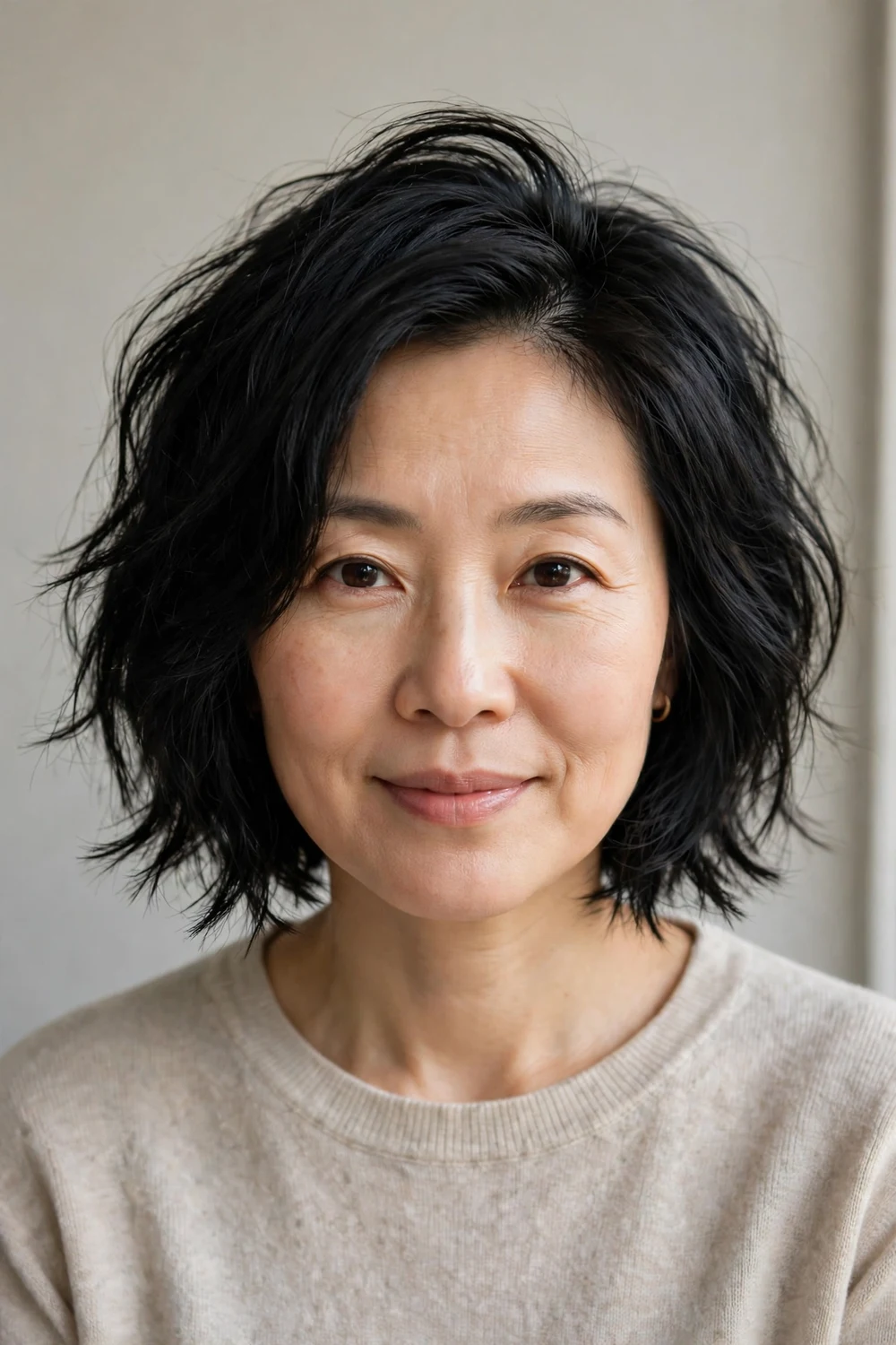 Woman with a textured choppy bob with a deep side part for fine hair