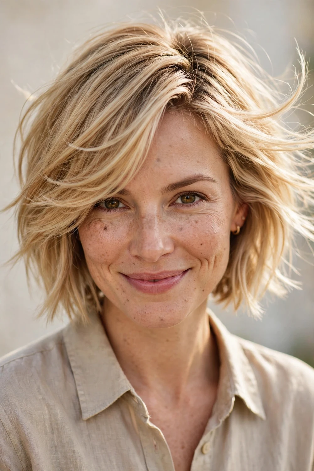 Woman with a side-swept choppy bob with a deep side part for fine hair