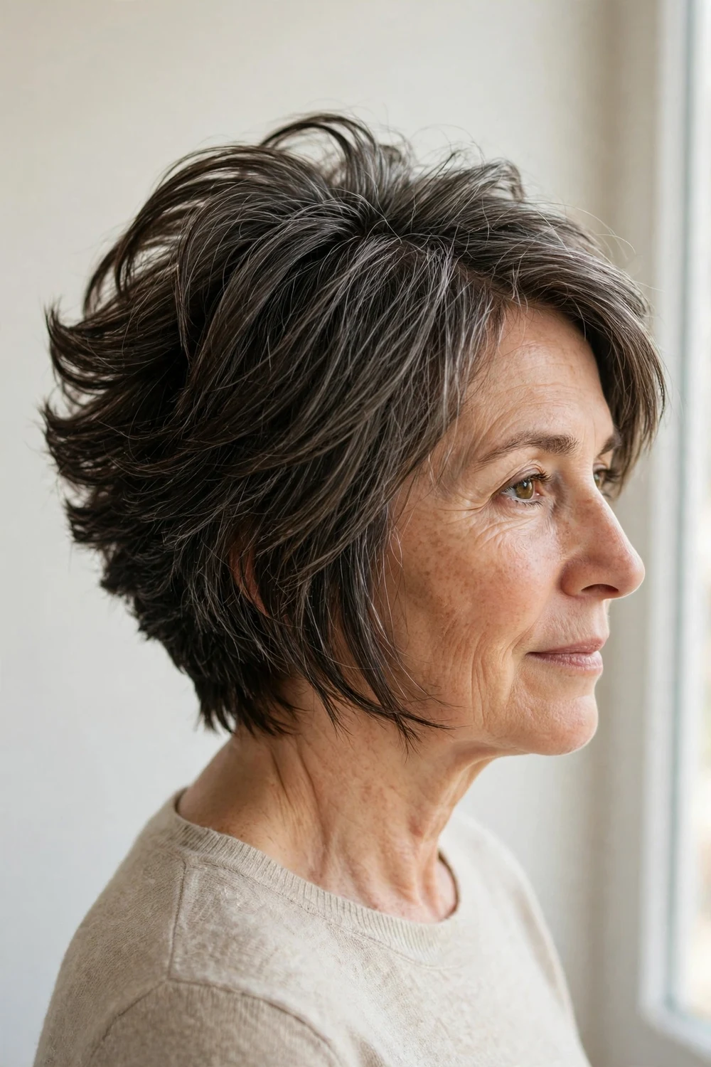 Woman with a choppy bob with a softly stacked back for volume on fine hair