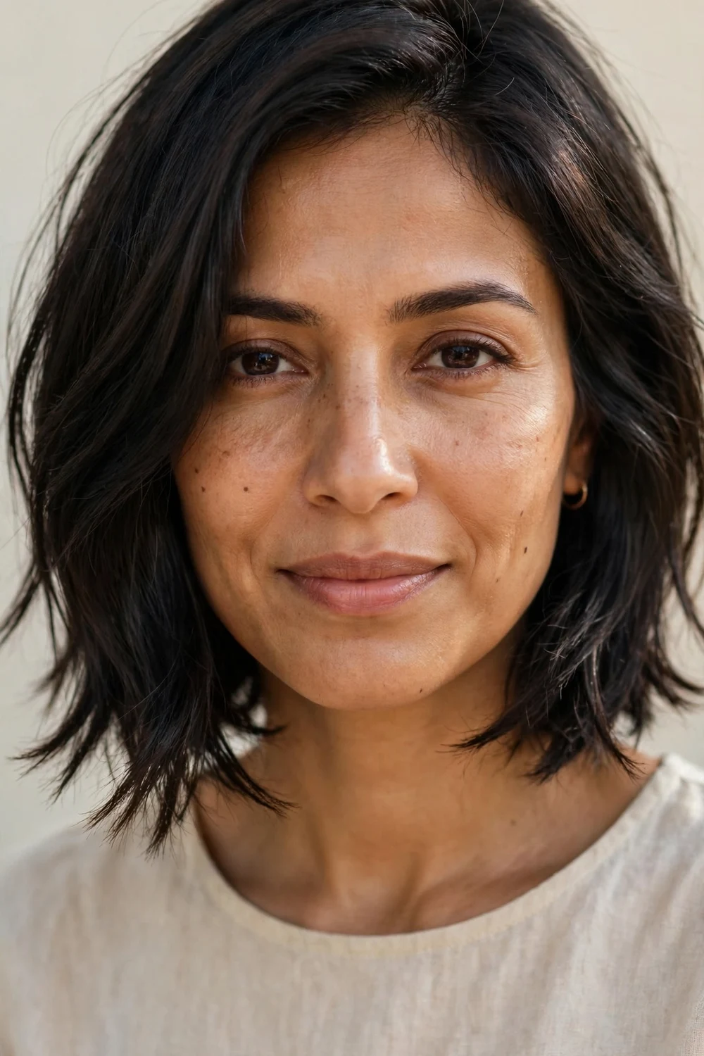 Woman with a layered choppy bob with softly tapered ends for fine hair