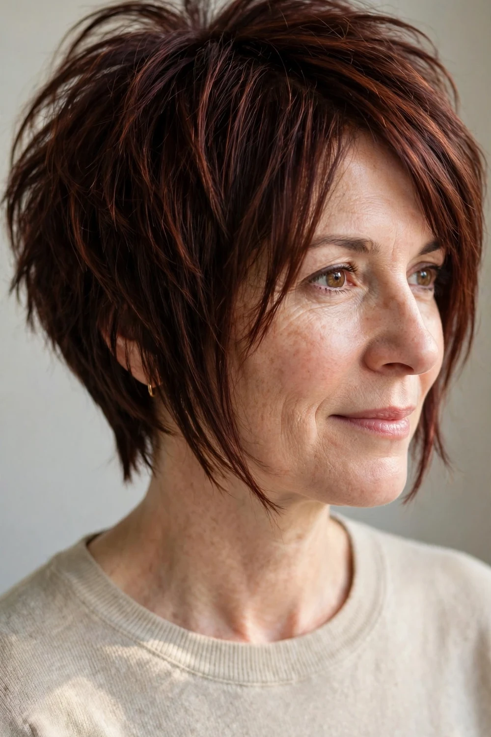 Woman with a V-shaped choppy bob with volume at the back for fine hair