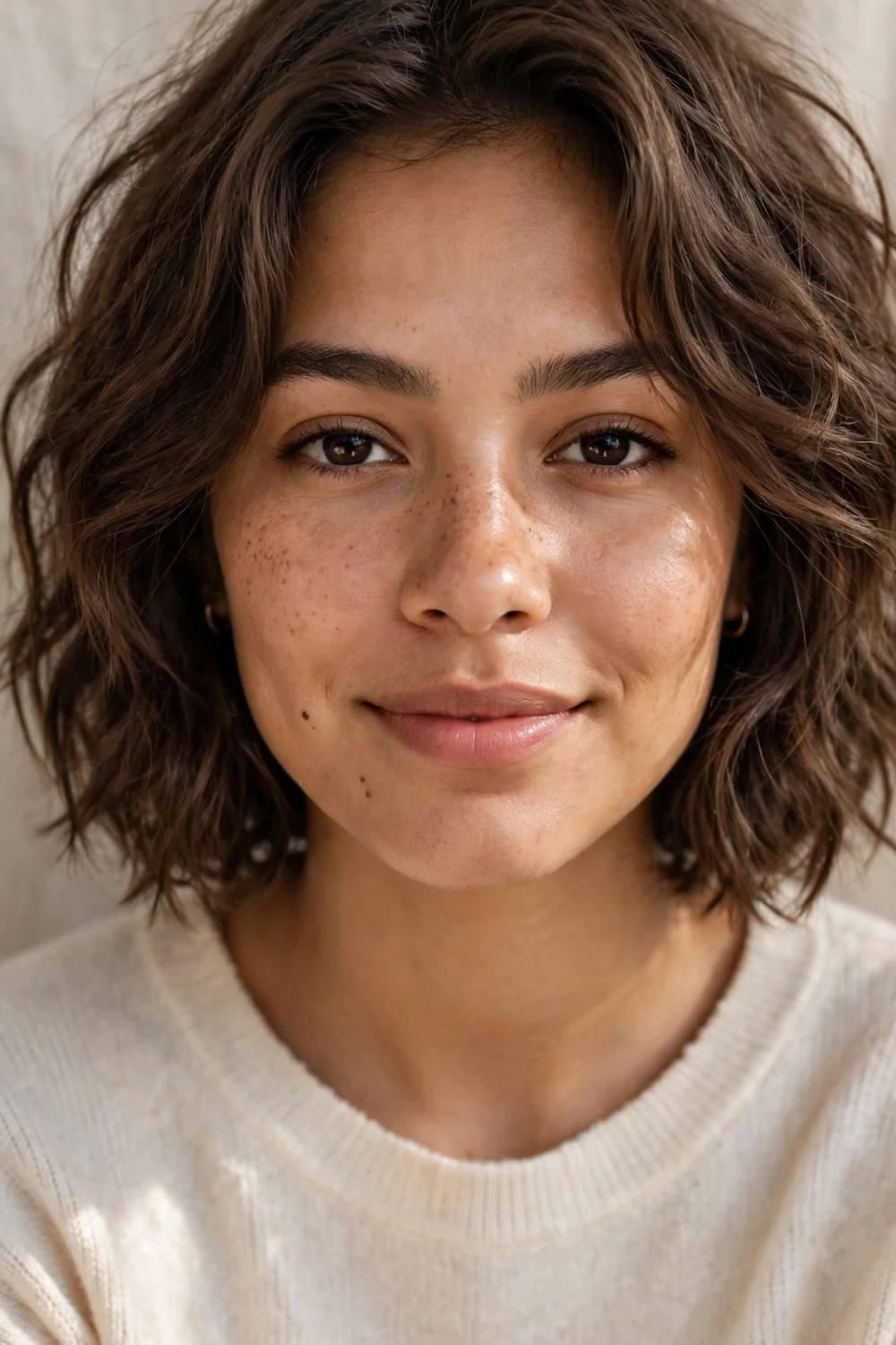 Woman with a wavy choppy bob haircut adding volume to fine hair
