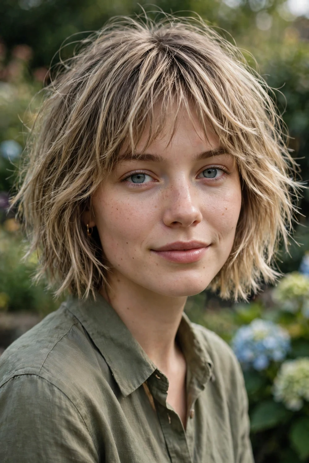 Woman with a choppy bob and light wispy bangs for fine hair