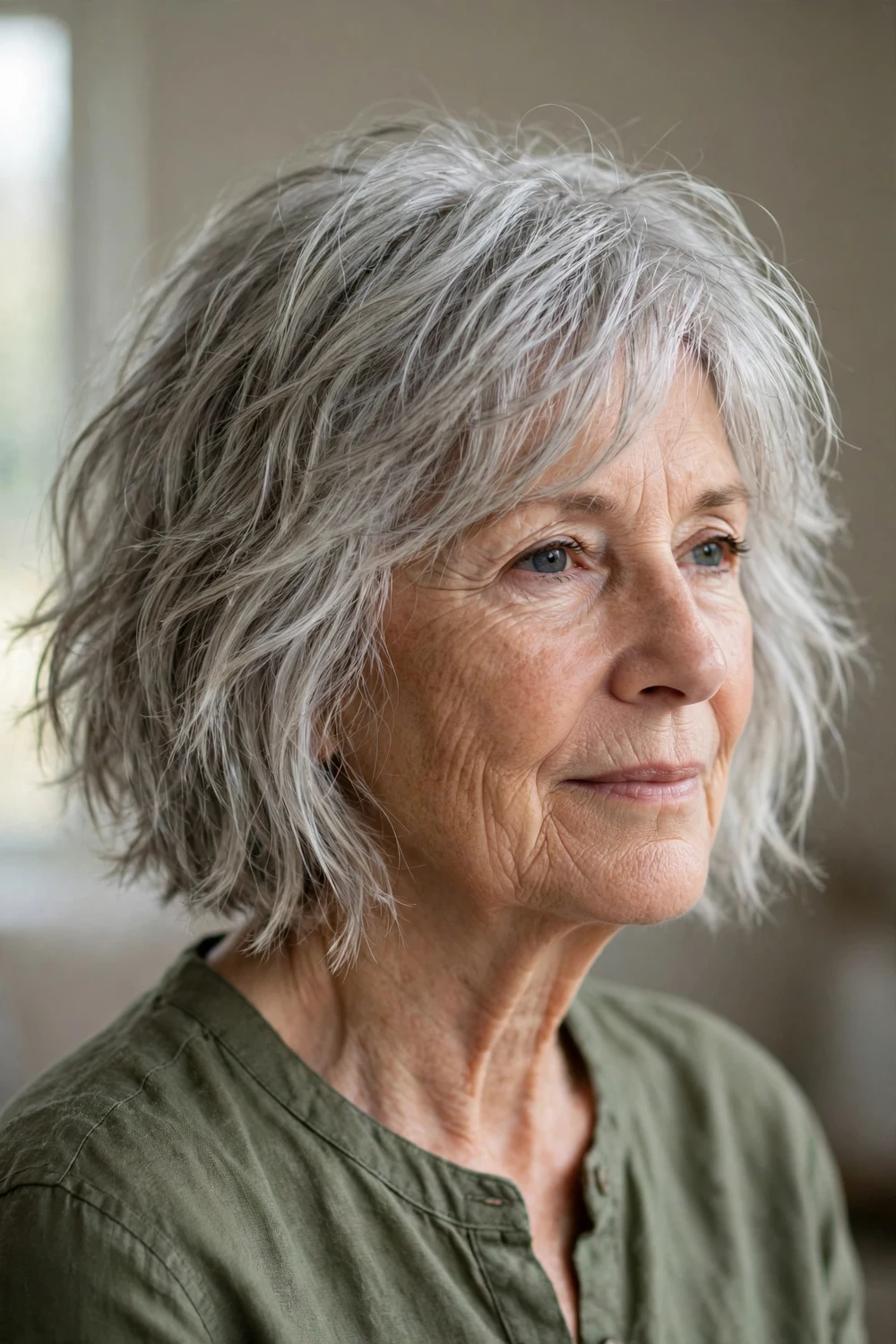 Woman over 60 with a tousled wash-and-wear choppy bob in silver-gray hair