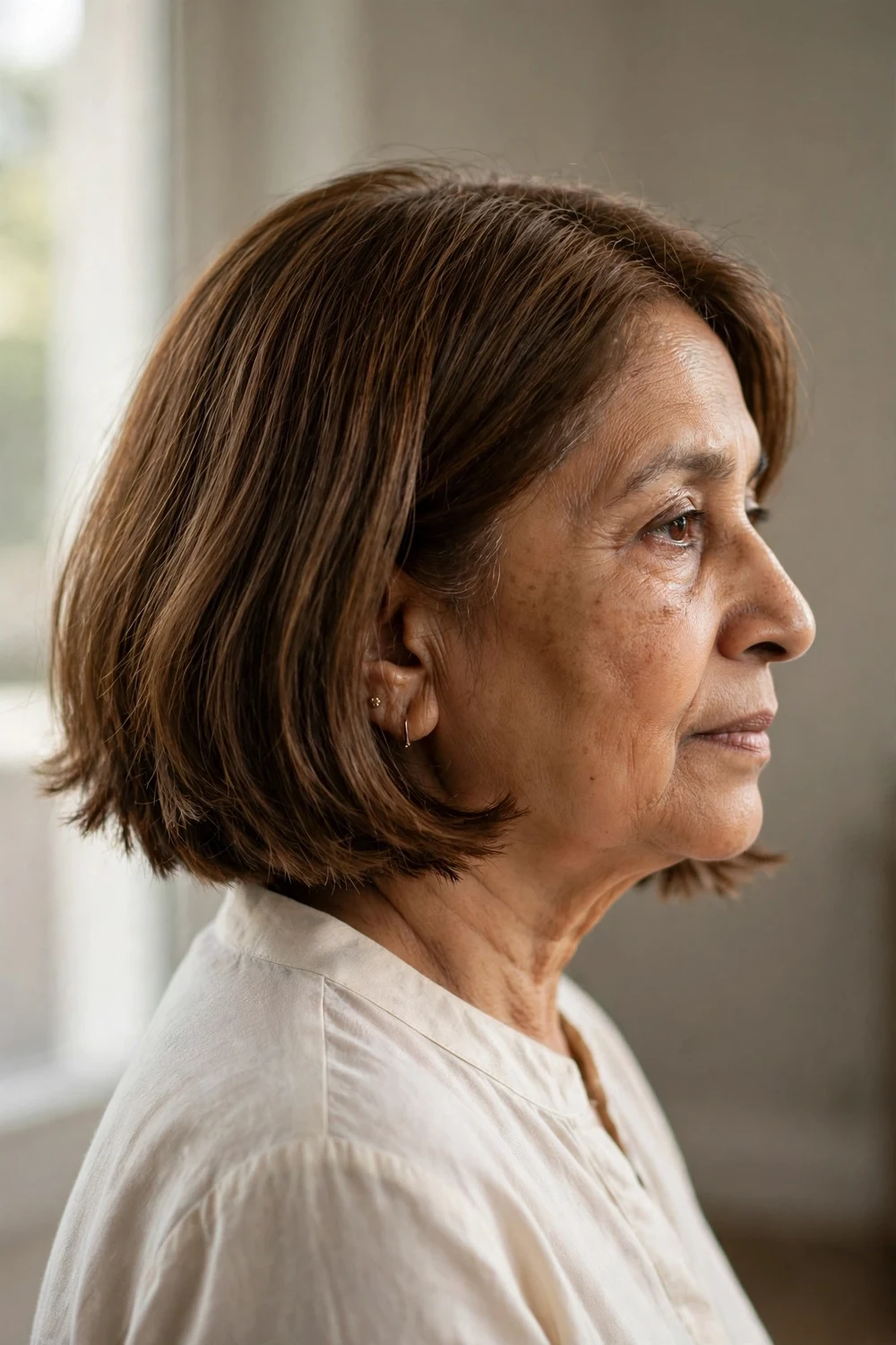 Woman over 60 with a blunt perimeter choppy bob in warm brown hair