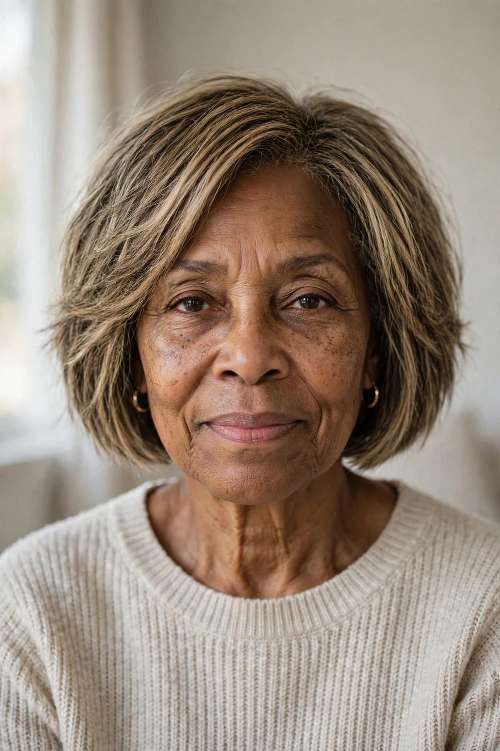 Woman over 60 with a chin-length choppy bob with textured pieces