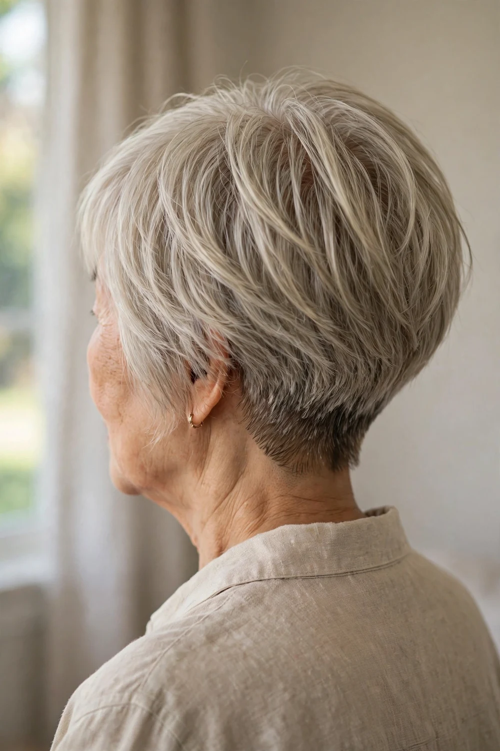 Back view of a graduated choppy bob with a tapered nape on a woman over 60