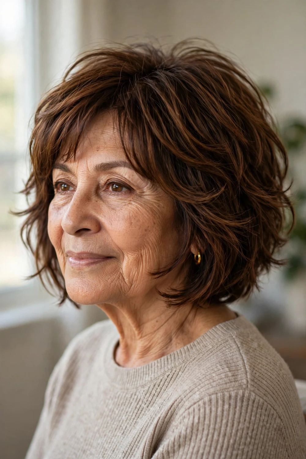Woman over 60 with a face-framing choppy bob in chestnut brown hair