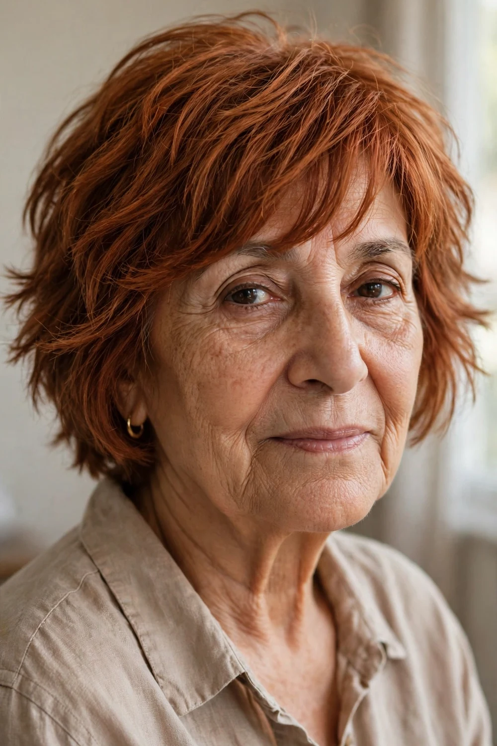Woman over 60 with a choppy bob and side-swept bangs in copper-auburn hair
