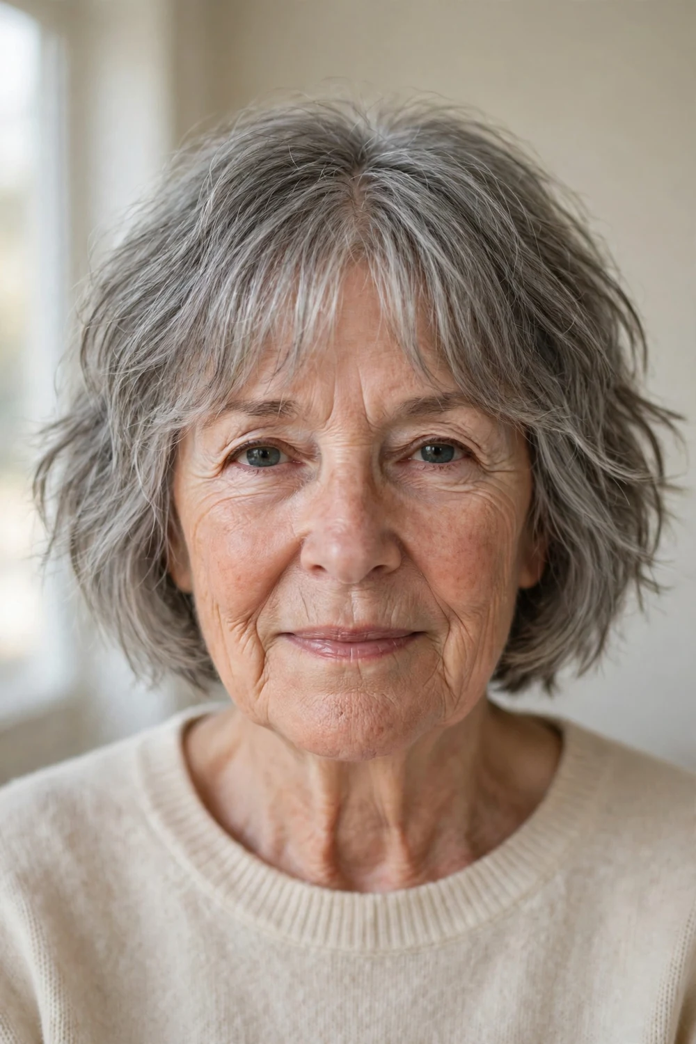 Woman over 60 with a gray choppy bob and wispy curtain bangs