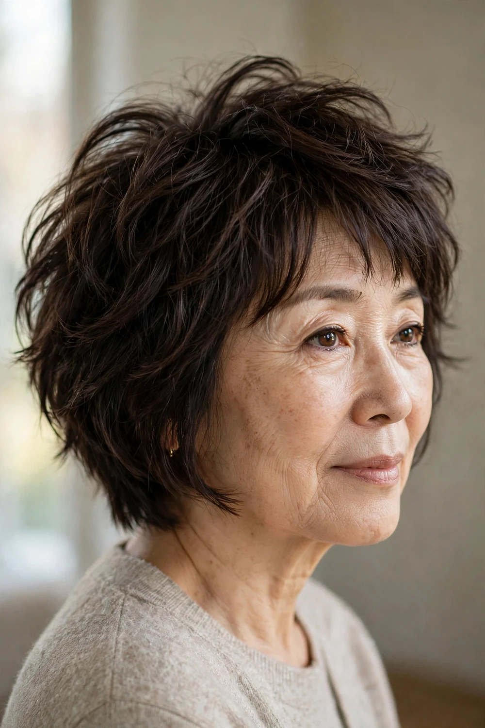 Woman over 60 with a choppy bob with short layers at the crown for volume