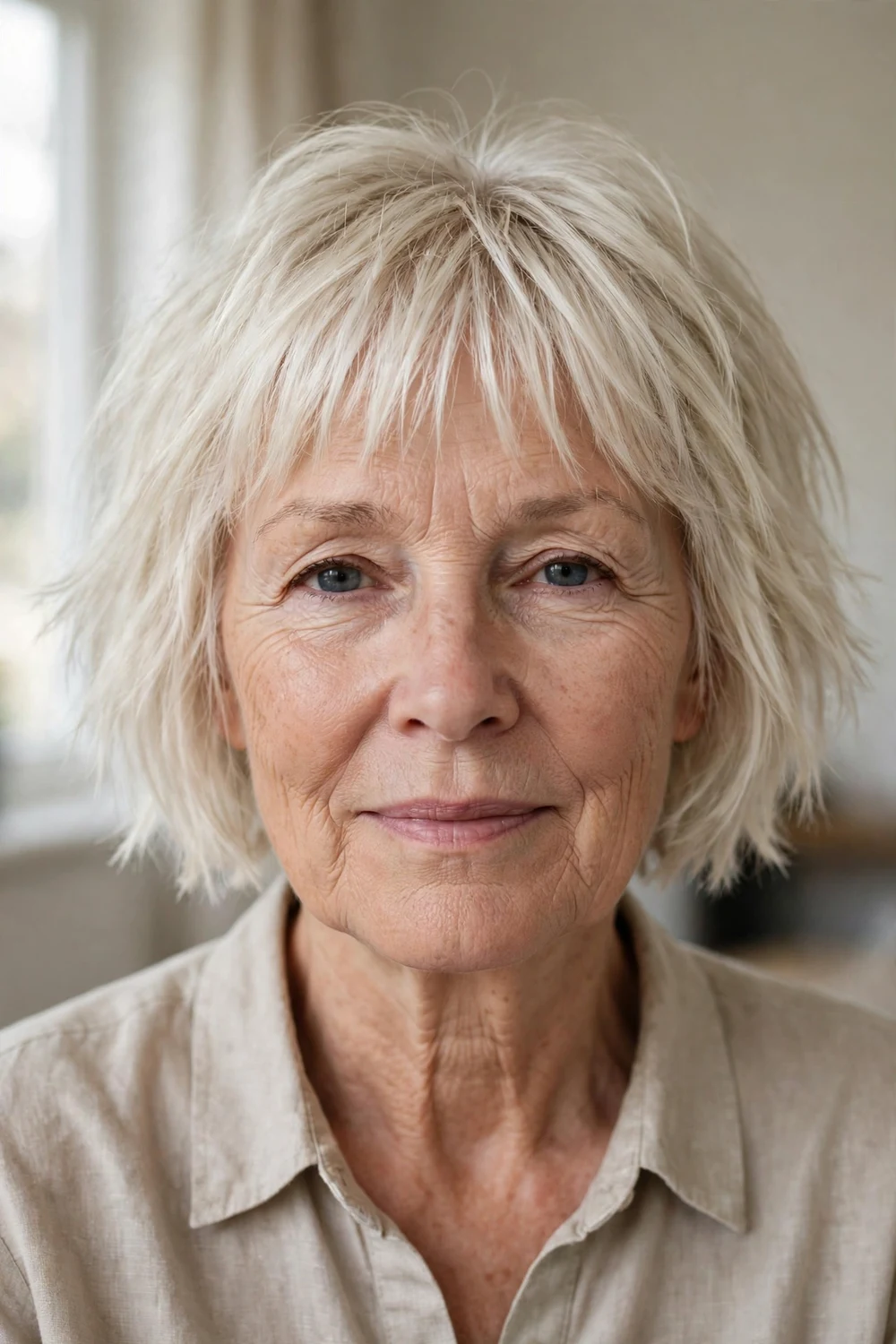 Woman over 60 with a platinum choppy bob and airy wispy fringe