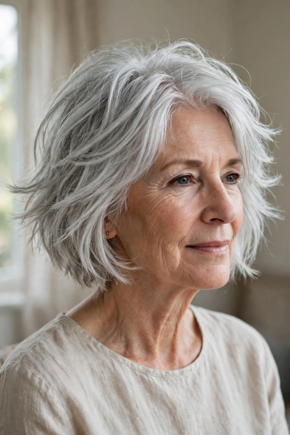 Woman over 60 with a feathered choppy bob in icy silver hair